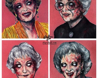 Print 8x10" - Zombie Golden Girls - Zombies Vintage Horror Dark Art Funny Pop Art Vintage Gay Gothic 80s TV Pink Lowbrow Blood Vampire