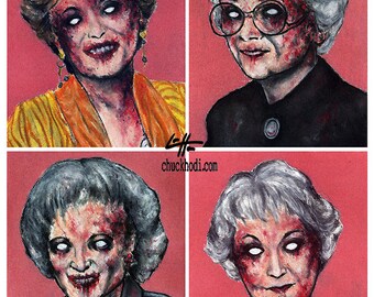 Print 11x14" - Zombie Golden Girls - Zombies Vintage Horror Dark Art Funny Pop Art Vintage Gay Gothic 80s TV Pink Lowbrow Blood Vampire