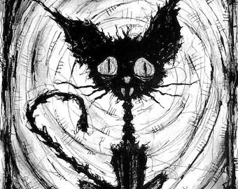 Black Cat 2 - Halloween Cats Stray Spooky Alley Dark Art Pets Cute Animal Creepy Gothic Art Black and White Kitty