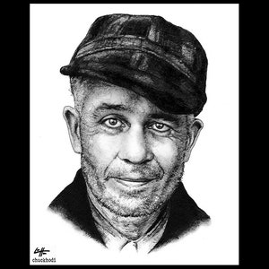 May include: Black and white pencil drawing of a man with a weathered face. He is wearing a cap and has a kind expression.