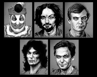 The Black and White Serial Killer Series - John Wayne Gacy Charles Manson Jeffrey Dahmer Richard Ramirez Ted Bundy Dark Art