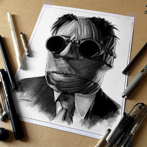 May include: A black and white pencil drawing of a man wearing a suit and goggles. The man's face is covered in bandages. The drawing is on a white sheet of paper.