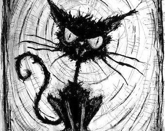 Black Cat - Halloween Cats Stray Spooky Alley Dark Art Pets Cute Animal Creepy Gothic Art Black and White Kitty