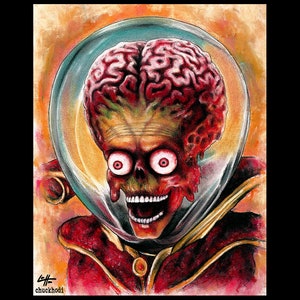 May include: A colorful illustration of a Martian from the movie "Mars Attacks!" with a large brain and a wide, toothy grin. The Martian is wearing a helmet and a red and gold robe.