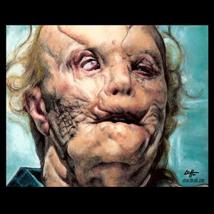 Puede incluir: Un dibujo detallado de la cara de una persona con graves cicatrices faciales. El dibujo está hecho en tonos de gris, negro y marrón.