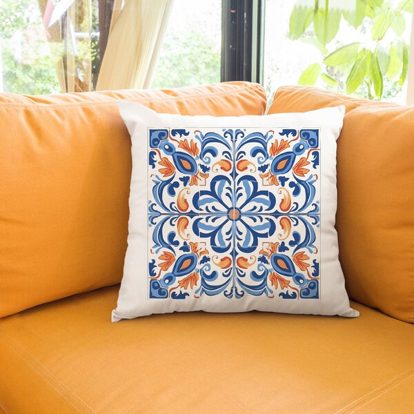 Traditional Portuguese tile cushion: Enrich your home with a touch of Portugal. Bedroom & Living room cushion. Spun Polyester Square Pillow