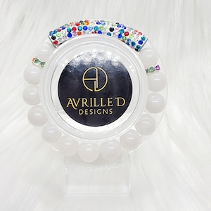 White Jade Gemstone Beaded Bracelet with Pave Bar