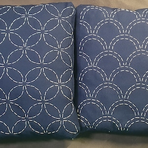 May include: Two navy blue throw pillows with white stitched patterns. One pillow features a circular design, while the other has a scalloped pattern. The pillows are square and appear to be made of a soft fabric.