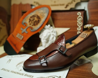 Brown Leather Double Monk Strap Men Loafer Dress Shoe Leather Sole- Bespoke Custom Men Loafer Dress Shoes Groom Wedding Shoe For Men