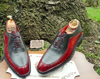 Handmade Customizable Lace Up Men Shoes Genuine Leather Shoe Black And Red Color