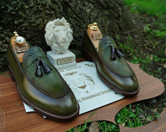 Brown Alligator Loafer Mens Custom Mens Dress Shoes Made-To-Order Leather Sole Kiltie Loafer Genuine Leather Mens Shoe
