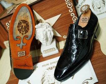 Chaussures habillées personnalisées en alligator de qualité supérieure pour hommes - Cuir véritable entièrement fait main - Élégantes chaussures de luxe pour hommes en cuir verni bleu marine