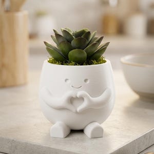 Cute Heart Face Planter with Artificial Succulent Included | 3D Printed Character Plant Pot | Love Decor | Cute Desk Decor | Unique Gift