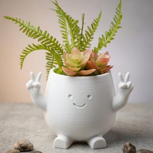 May include: A white, rounded planter shaped like a character with a smiling face, two arms raised in peace signs, and two small feet. The planter holds a green fern and a small, light pink succulent plant nestled in green moss.