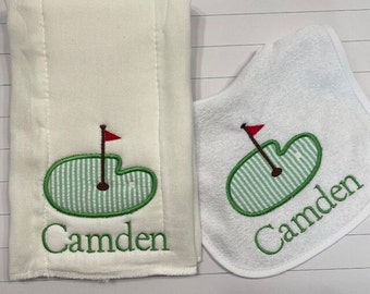 Golf Bib and Burp Cloth Set / Golf Bib Set / Golf Baby Shower Gift / Personalized Golf Baby Gift Set