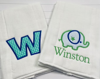 Blue and Green Burp Cloth Set / Gingham Baby Burp Cloth Set / Elephant Baby Gift Set / Green gingham Baby Gift / Burpie Set / Spit Rag Set