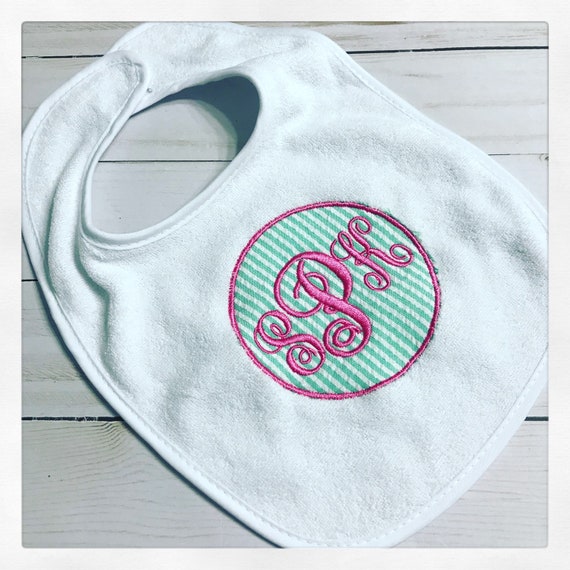 Personalized Baby Bib / Seersucker Fabric Bib / Handmade Baby Bib / First Birthday Bib / Smash Cake Bib / Pink and Green Bib