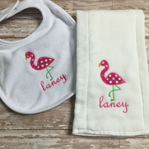 Personalized Flamingo Baby Bib and Burp Cloth Set / Custom Flamingo Baby Bib Set / Flamingo Baby Shower Gift / Flamingo Print Baby Gift