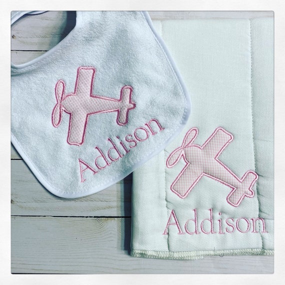 Personalized Airplane Baby Bib and Burp Cloth Set / Airplane Baby Gift / Airforce Baby Gift / Pilot Baby Gift