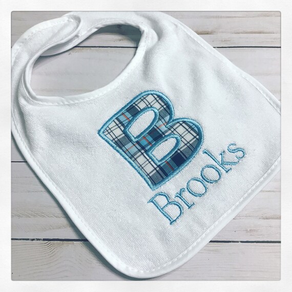 Plaid Baby Bib / Blue and White Baby Bib / Madras baby Bib / Monogram Baby bib / First Birthday Bib / Smash Cake Bib
