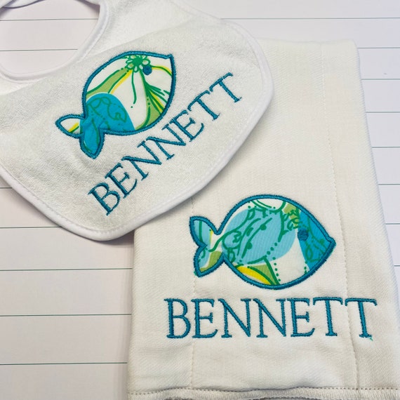 Fish Baby Bib and Burp Cloth Set / Fish Burp Rag Set / Baby Bib Gift Set / Fish Baby Gift Set