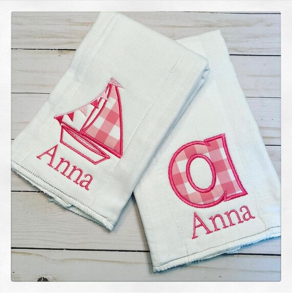 Sailboat Burp Cloth Set / Gingham Baby Burp Cloth Set / Nautical Baby Gift Set / Pink gingham Burpie Set