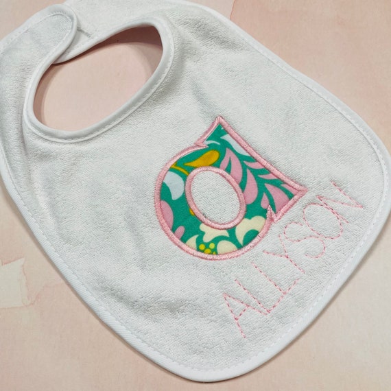 Personalized Baby Bib / Heather Bailey Fabric Baby Bib / Personalized Birthday Bib / Turquoise and Pink Bib / Handmade Bib