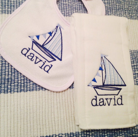 Sailboat Baby Bib and Burp Cloth Gift Set / Sailboat Bib Set / Boat Baby Gift / Sailing Bib and Burp Cloth Set / Sailor Baby Gift