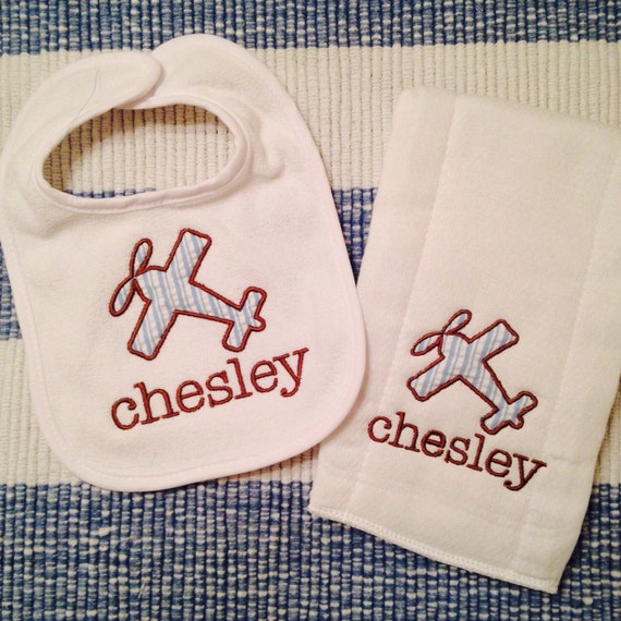 Personalized Airplane Baby Bib and Burp Cloth Set / Airplane Baby Gift Set / Airforce Baby Gift / Pilot Baby Gift