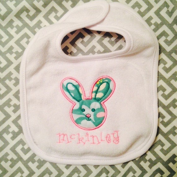 Easter Bib, Baby's First Easter, Easter Bunny Monogrammed Baby Bib, Heather Bailey Fabric, Rabbit bib, baby Easter outfit, 1st Easter bib