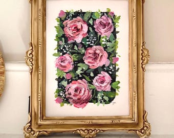 庭のバラ、オリジナルのアクリル画、花の絵画、ピンクの花、16x20の