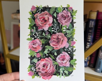 庭のバラ、オリジナルのアクリル画、花の絵画、ピンクの花、16x20の