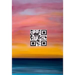 May include: Abstract painting with a sunset theme. The artwork features a gradient of colors, including pink, yellow, and blue, with a QR code in the center. The bottom portion depicts a dark blue ocean.