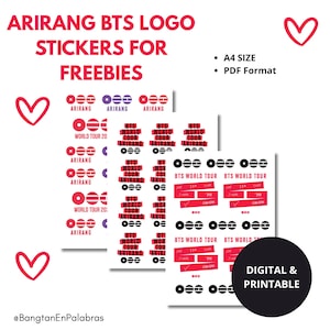 Puede incluir: Pegatinas digitales e imprimibles con el texto "ARIRANG BTS LOGO STICKERS FOR FREEBIES". Las pegatinas incluyen el texto "BTS WORLD TOUR" y el logotipo de Arirang en rojo, negro y morado. Las pegatinas son de tamaño A4.
