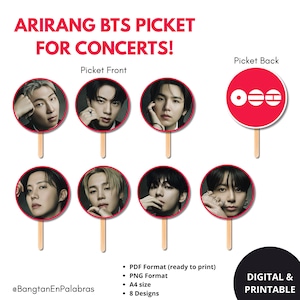 Puede incluir: Imagen de letreros de piquete BTS digitales e imprimibles para conciertos. Los letreros muestran imágenes de los miembros de la banda en el frente y un diseño rojo y blanco en la parte posterior. El texto dice "ARIRANG BTS PICKET FOR CONCERTS!"