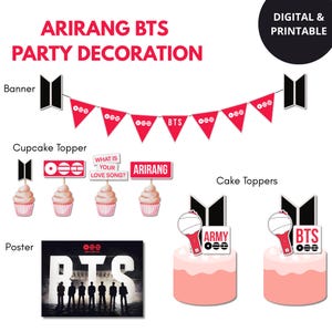 Puede incluir: Un conjunto de decoraciones de fiesta ARIRANG BTS digitales e imprimibles. Incluye una pancarta, adornos para cupcakes, adornos para pasteles y un póster. Las decoraciones son rojas, blancas y negras.