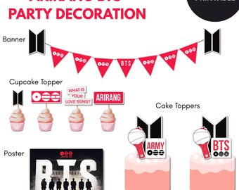 Puede incluir: Un conjunto de decoraciones de fiesta ARIRANG BTS digitales e imprimibles. Incluye una pancarta, adornos para cupcakes, adornos para pasteles y un póster. Las decoraciones son rojas, blancas y negras.