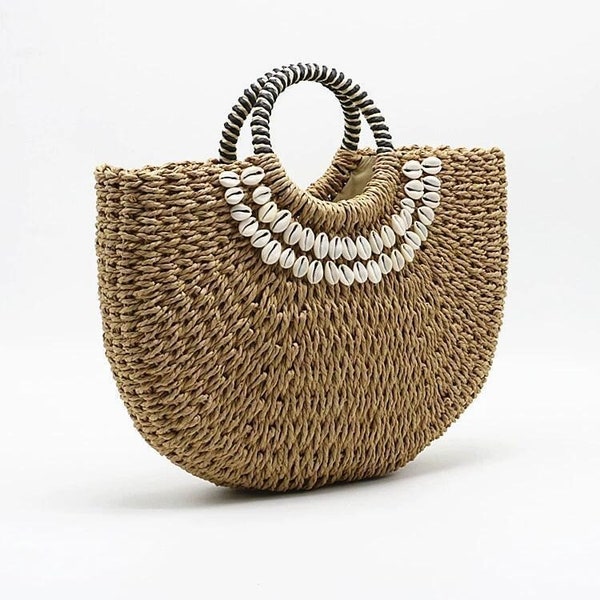 Summer Bag Straw Rattan Half-Moon Bag Small Bucket Purse for Ladies Crossbody Shoulder Beach Handbag