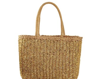 Tote cuadrado retro francés, bolsa de cesta de hierba de papel tejido de vid, azul de picnic, bolso casual de gran capacidad