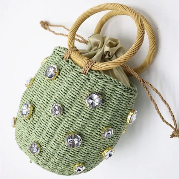 Handmade Crystal Straw Bag - Chic Rhinestones Small Bucket Purse for Ladies - Perfect Travel Accessory