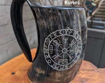 Engraved Viking Drinking Horn Mug - Genuine Ox Horn Tankard with Wood Base