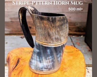 Handcrafted Viking Ox Horn Mug: Personalized Beer Tankard, Striped Pattern Mug