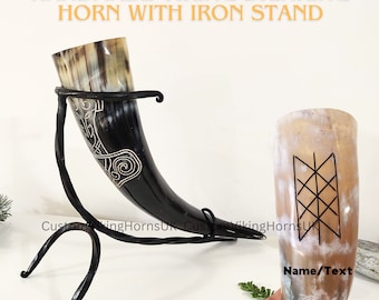 Handmade Viking Drinking Horn with Iron Stand - Personalized Norse Gift