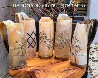 Handmade Viking Horn Mug with Handle - Personalized Beer Tankard