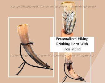 Personalized Viking Drinking Horn with Iron Stand