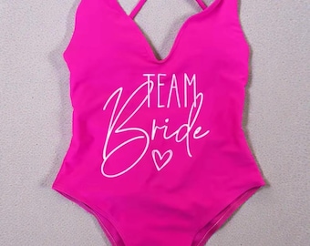 Hot Dark Pink Team Bride Squad Matching Swimsuits, Bach Hen Party Swimwear Cross Back Monokini One Piece Swimsuit, Ladies S M L XL