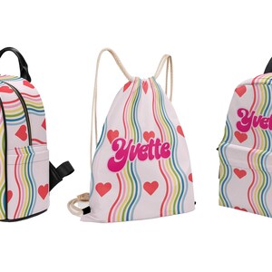 Sac à dos ondulé coeur arc-en-ciel rose pour tout-petit enfant maternelle sac à langer préscolaire personnalisé nom personnalisé toile sac à dos