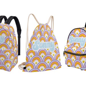 Sac à dos bleu arc-en-ciel et marguerites pour enfant en bas âge, maternelle, sac à langer, prénom personnalisé, toile, cordon de serrage