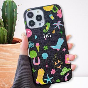 Botas de vaquero de neón negro de lujo Iniciales Caja personalizada iPhone 15 14 13 12 11 Pro Mini Max Plus Nombre de regalo Caso Carta personalizada Cubierta de cuero