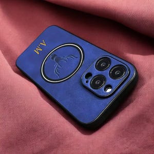 Funda personalizada para iPhone con cabeza de ciervo de lujo azul, para iPhone 15, 14, 13, 12, 11, 16 Pro Max Plus, compatible con cargador inalámbrico, letra inicial